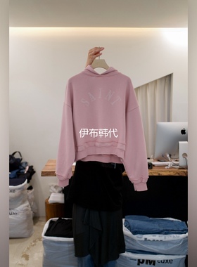 FRIC韩国东大门正品代购26春款 连帽做旧字母休闲短款套头卫衣