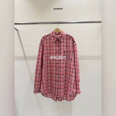 翻领休闲肩膀纽扣格子宽松衬衫