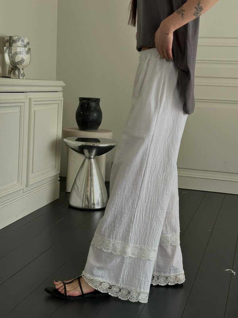 伊布 韩国东大门正品代购2024夏款 松紧腰蕾丝飞边直筒裤休闲长裤