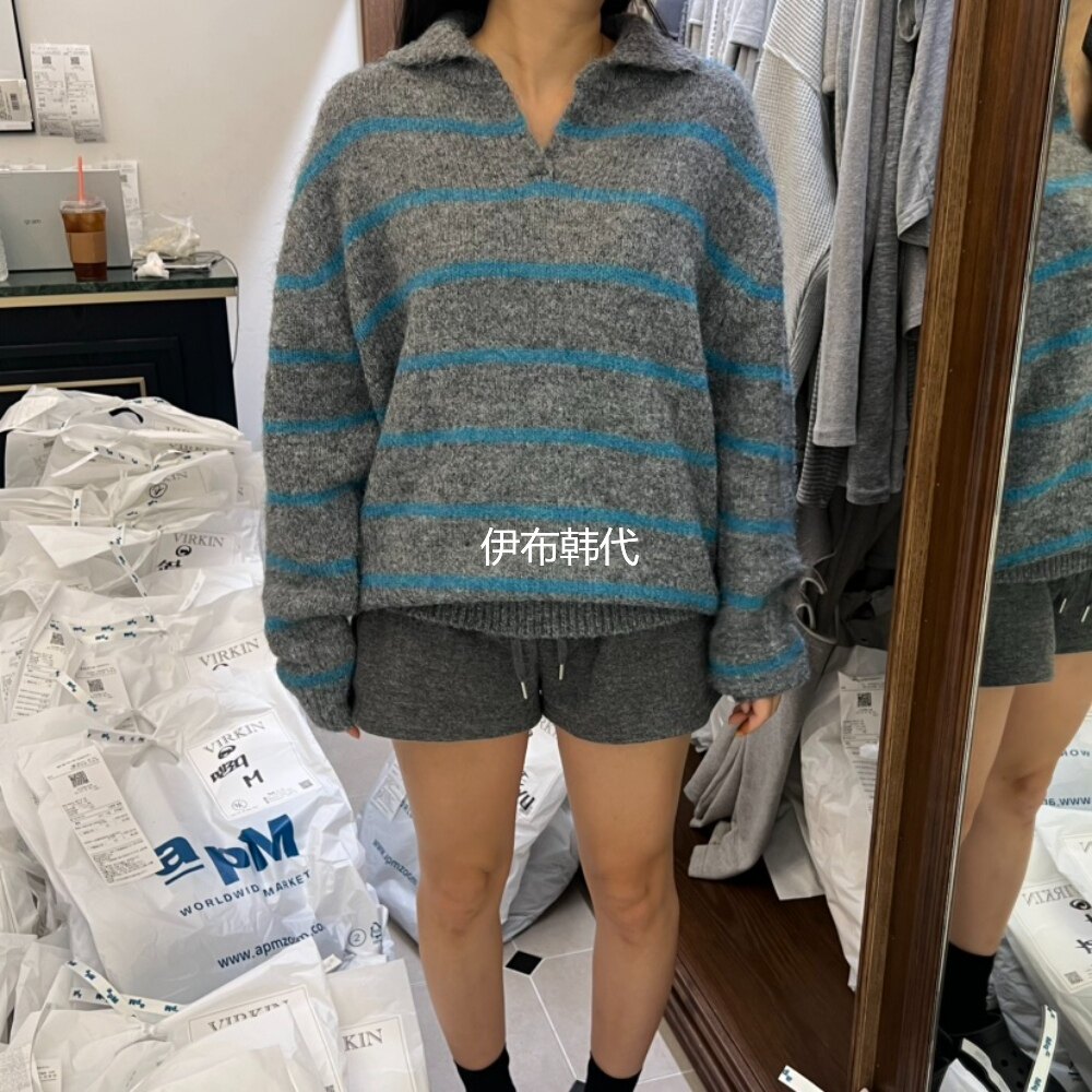 翻领休闲开口磨毛条纹宽松针织