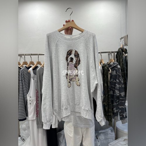 圆领做旧可爱小狗宽松卫衣女