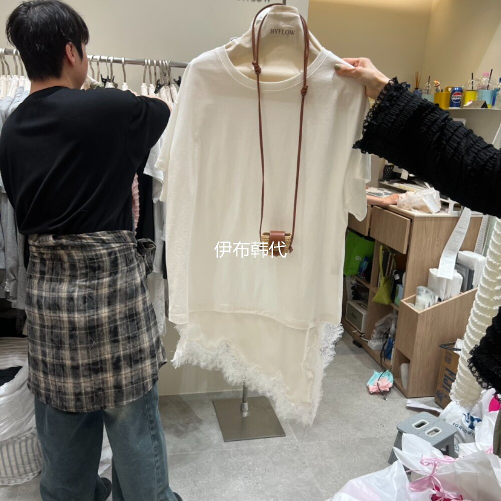 BY FLOW韩国东大门正品代购26春款 圆领棉质类似花边斜边宽松裙T