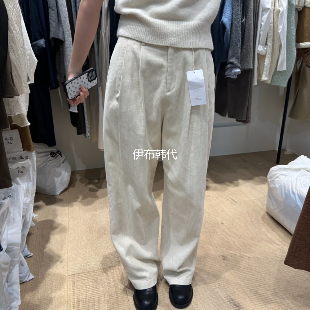 纯色休闲褶皱条绒灯芯绒长裤