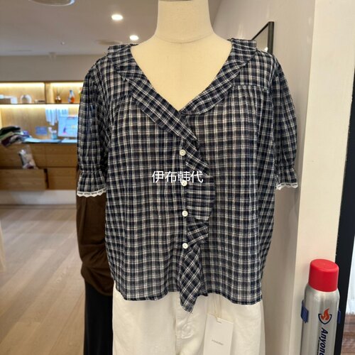 翻领休闲荷叶边格子娃娃衫衬衫