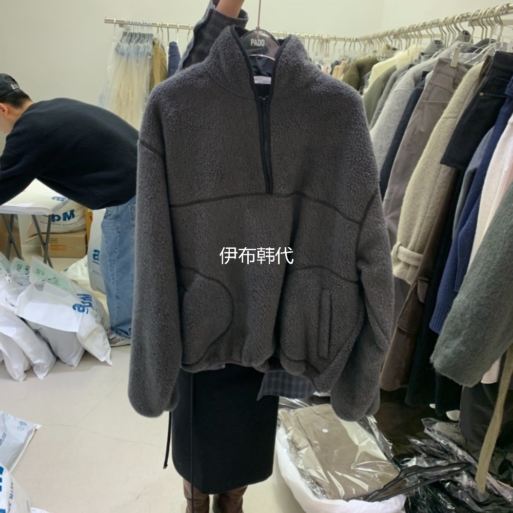 立领拉链仿羊羔毛绒卫衣短外套