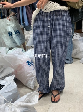 TEMPTING韩国东大门正品代购26夏 松紧腰格子纽扣休闲直筒裤长裤