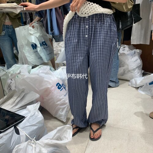 松紧腰格子纽扣休闲直筒裤长裤