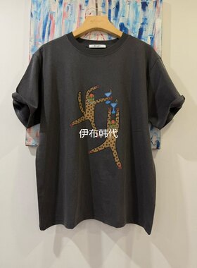 圆领抽象人物深灰色短袖T恤