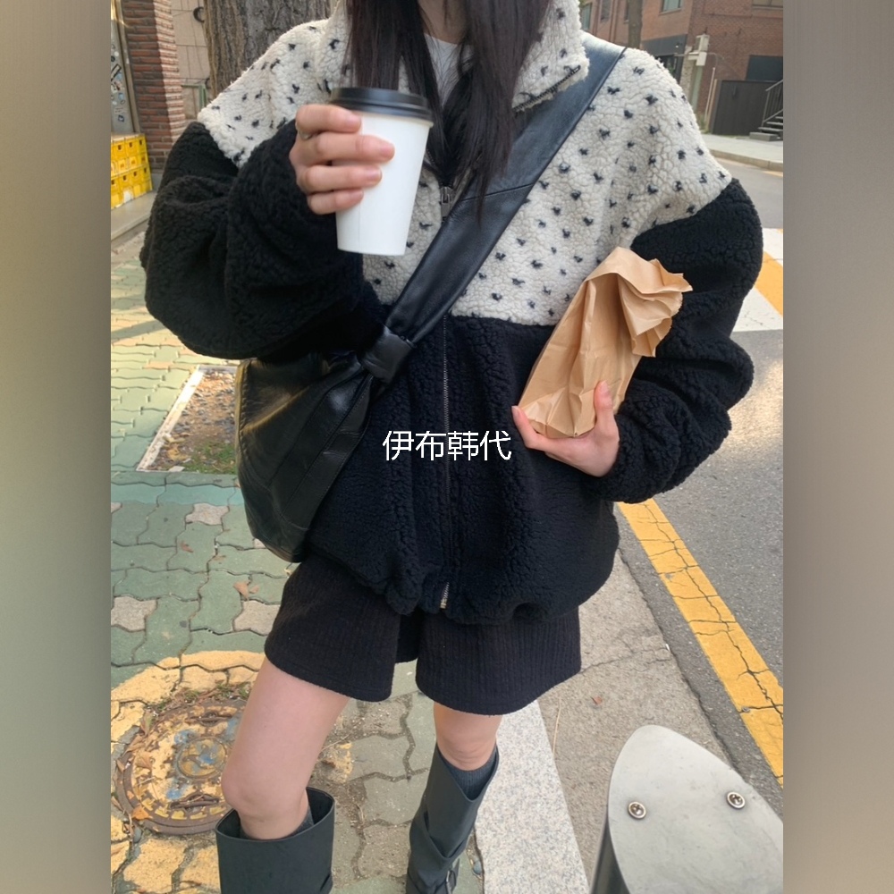 VAARA韩国东大门正品代购冬款 立领拉链爱心拼接仿羊羔毛抽绳外套