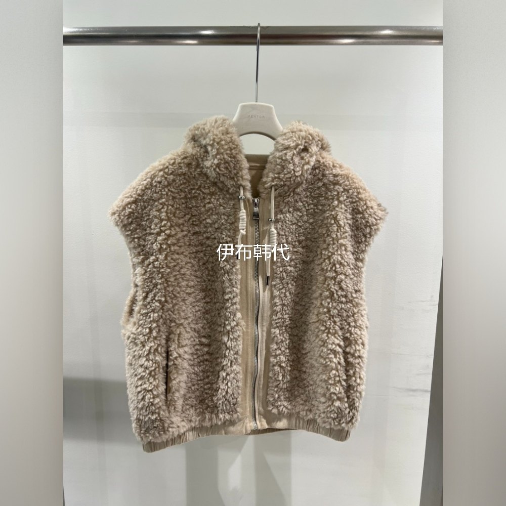 连帽拉链抽绳仿羊羔毛马夹坎肩