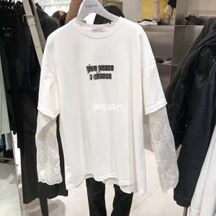 TEMPTING韩国东大门正品代购26春 圆领磨破做旧字母蕾丝袖宽松T恤