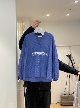 TAF韩国东大门正品代购26春款 V领木耳边小格子棉布宽松衬衫