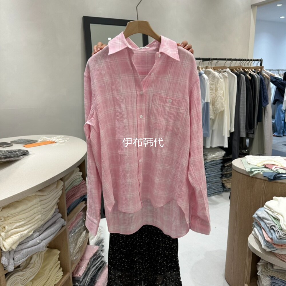 AURA韩国东大门正品代购26春款 翻领休闲褶皱格子口袋时尚衬衫