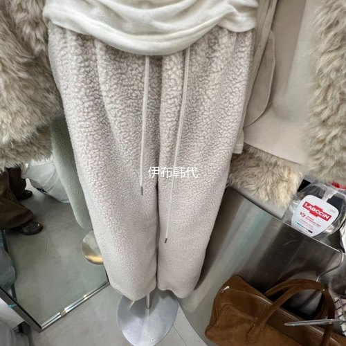 松紧腰纯色抽绳仿羊羔毛绒长裤