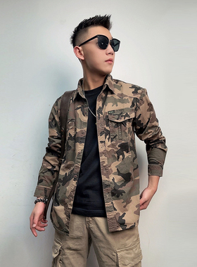 11734 秋冬美式复古男士青年余文乐硬汉迷彩口袋工装长袖衬衫衬衣