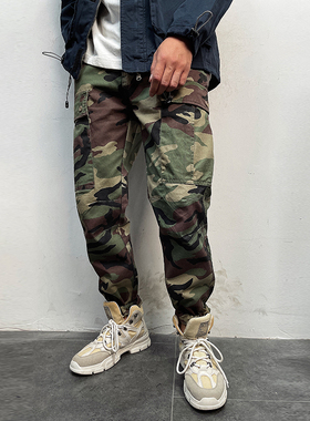 10831 秋冬美式男士潮牌迷彩直筒可束口立体裁剪小脚工装裤
