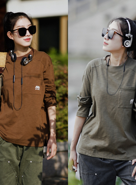 17179美式复古阿美咔叽印花圆领长袖T恤