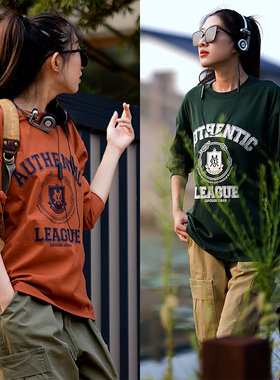 17112  部落男装美式复古潮牌男士阿美咔叽机车风圆领短袖T恤