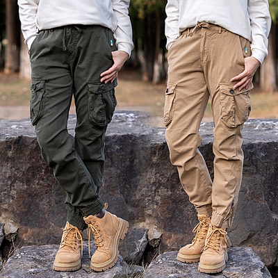 16968 部落男装四季万能腰阿美咔叽复古多口袋裤脚拉链工装长裤