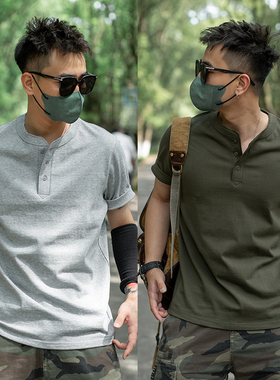 12419 部落男装夏美式复古阿美咔叽重磅260克精梳棉亨利领短袖T恤