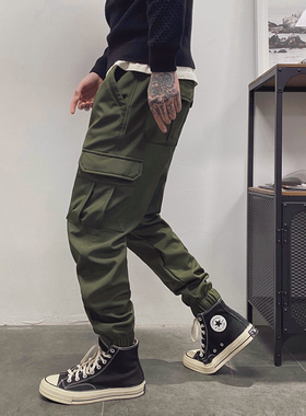 11095 春夏美式复古潮男松紧腰大码宽松大口袋工装束脚休闲裤