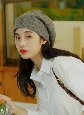月子帽子女冬季羊绒针织包头帽冷帽春秋黑色加厚宽松护耳堆堆帽潮