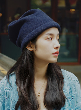 月子帽子女冬季羊绒针织包头帽冷帽春秋黑色加厚宽松护耳堆堆帽潮