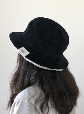 澳洲单黑色百搭灯芯绒大头围渔夫帽女日系帽子女秋冬季