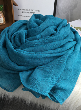 湖蓝色网格棉麻围巾女春秋韩版百搭护颈围脖超大空调披肩纯色丝巾