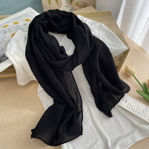 黑色细长条棉麻围巾男女护颈围脖