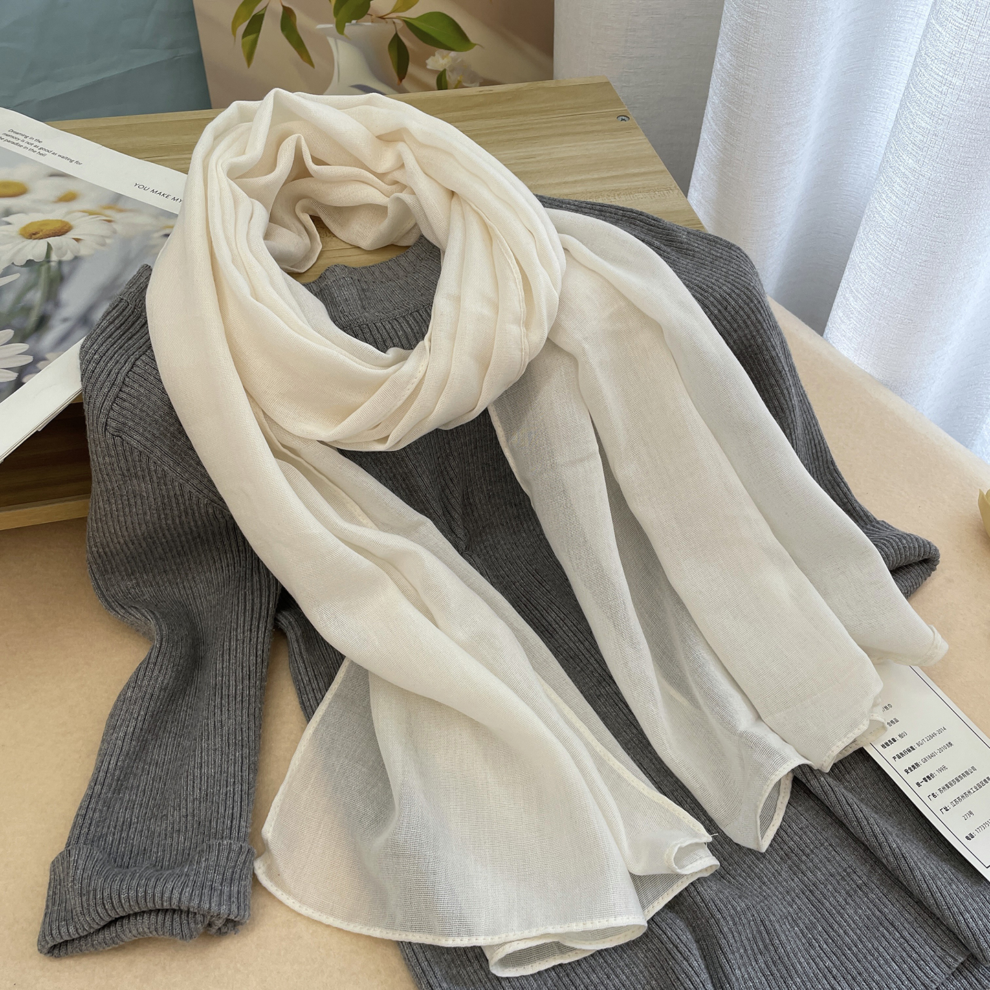 细窄极简日系短款百搭棉麻小围巾