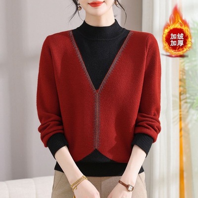 【2371】妈妈装加绒毛衣加厚中年女士针织衫圆领一体绒洋气保暖衣