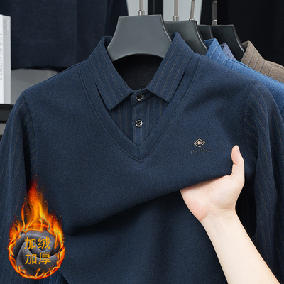 冬季男士加绒T恤假两件爸爸装加厚毛衣翻领长袖保暖衣t恤爷爷上衣