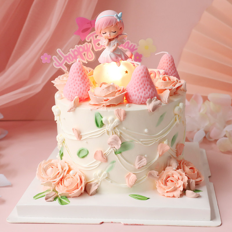 网红卡通可爱公主草莓仙子生日蛋糕烘焙装饰摆件发光云朵天使女孩