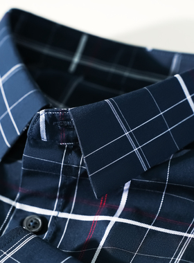 格子衬衫男士长袖修身深蓝色格纹衬衣尖领圆型下摆日常通勤高级感