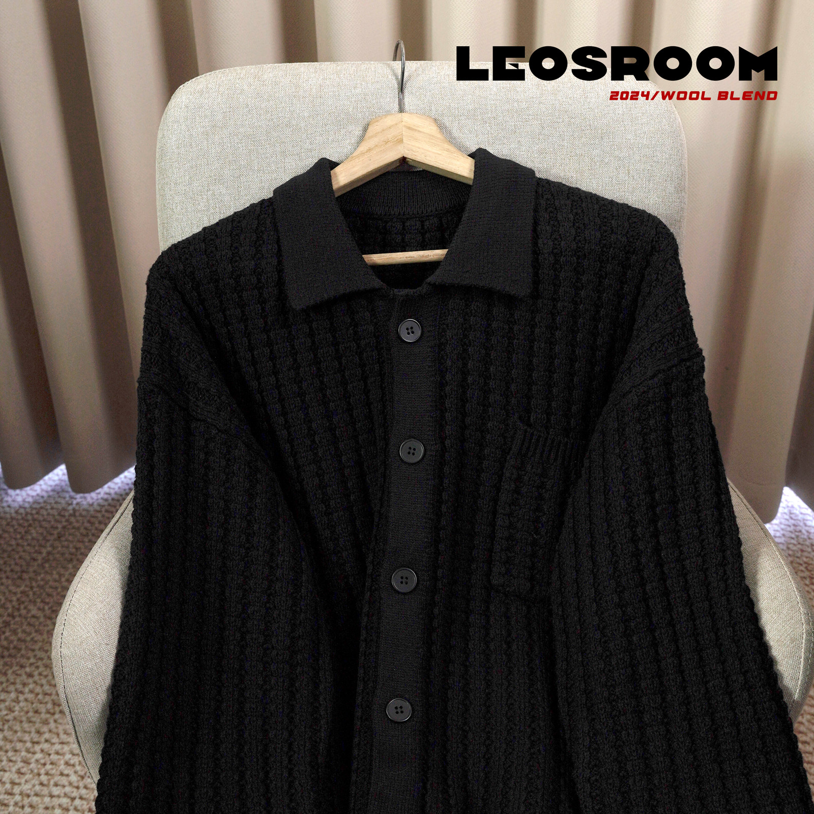 带领毛衣宽松针织衫外套潮流黑色POLO领毛衣男翻领毛衣男冬季痞帅