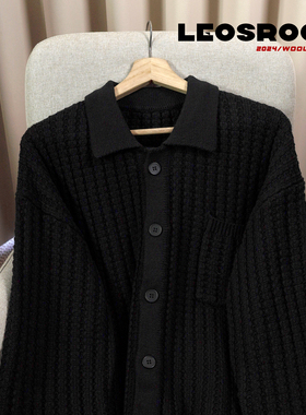 带领毛衣宽松针织衫外套潮流黑色POLO领毛衣男翻领毛衣男冬季痞帅