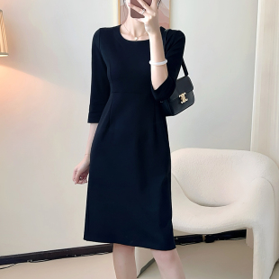连衣裙女春秋款通勤职业装七分袖后开叉及膝裙中长款小个子一步裙