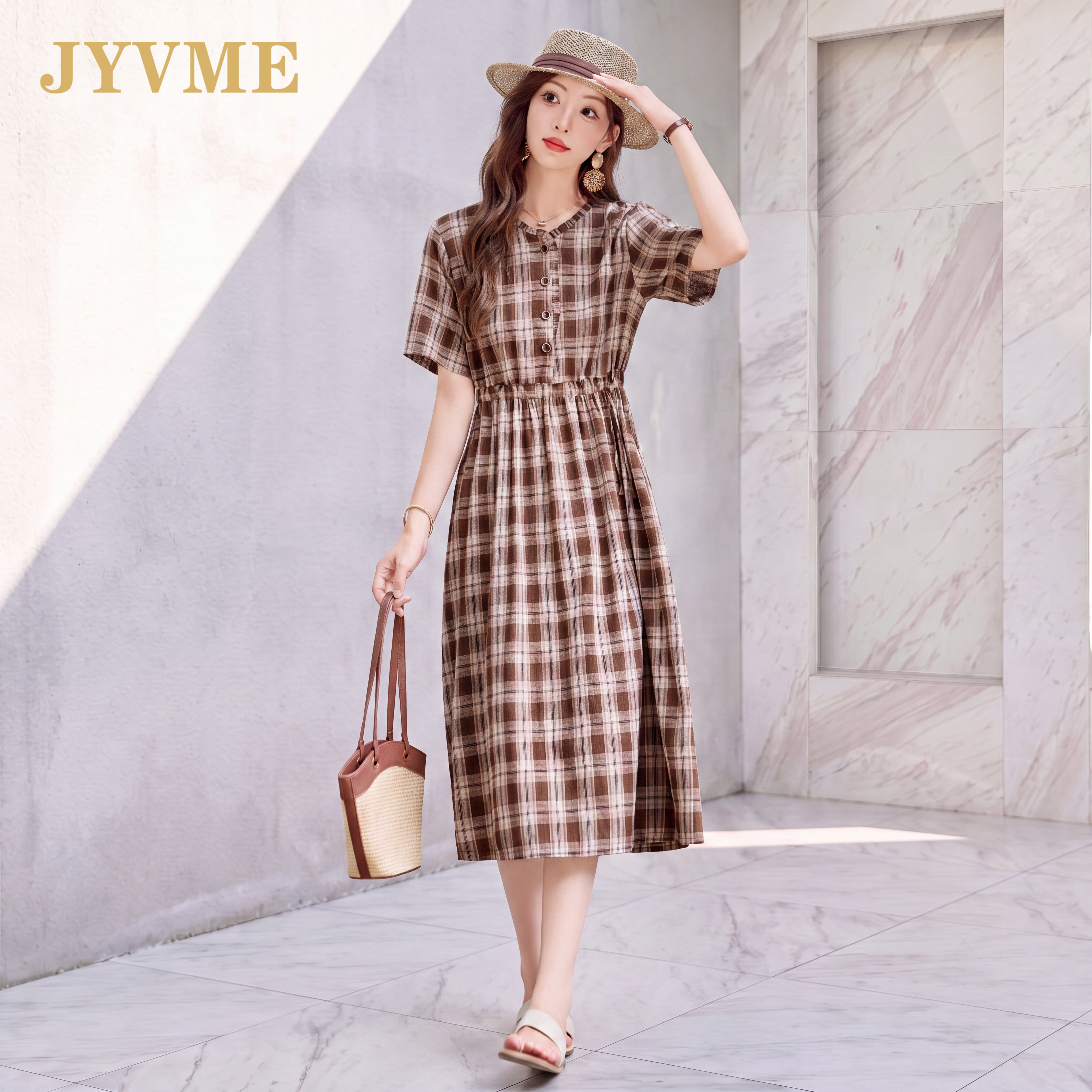 JyVme轻奢格子连衣裙女夏2026新款短袖中长款显瘦气质全棉裙子