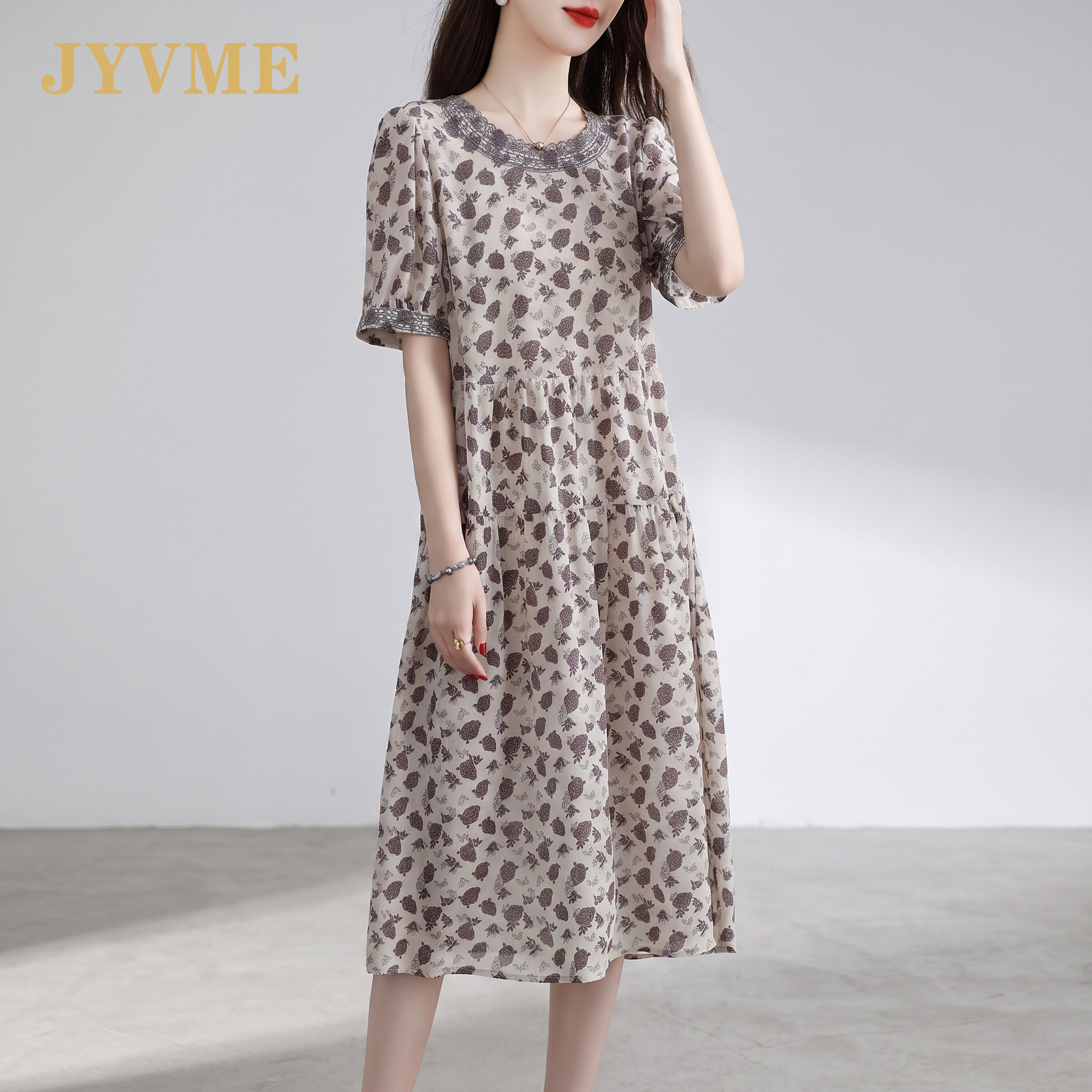 JyVme轻奢桑蚕丝印花裙子2026新款夏短袖真丝连衣裙中长款碎花裙