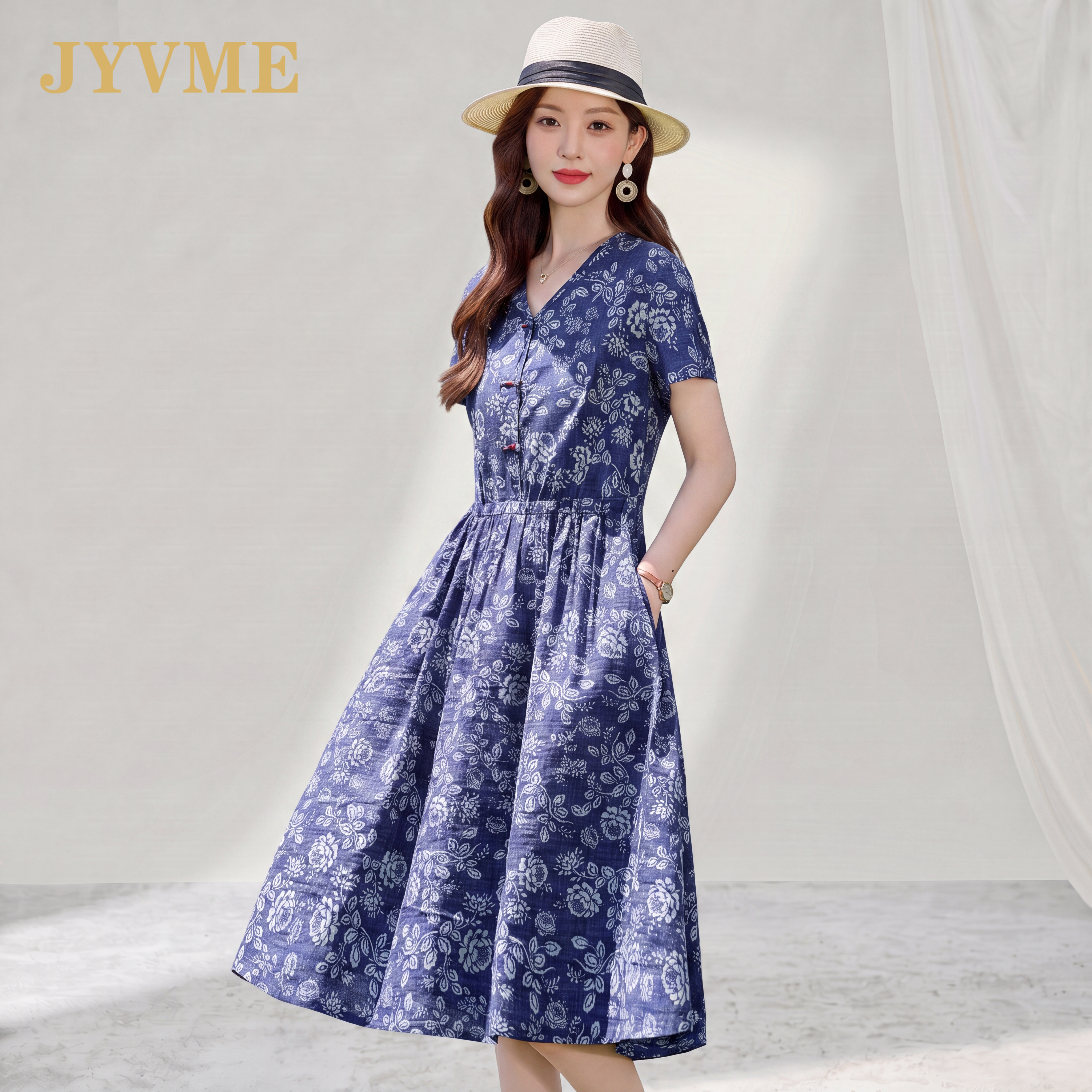 JyVme轻奢2026新款棉麻短袖连衣裙女夏V领气质减龄时尚中长款裙子