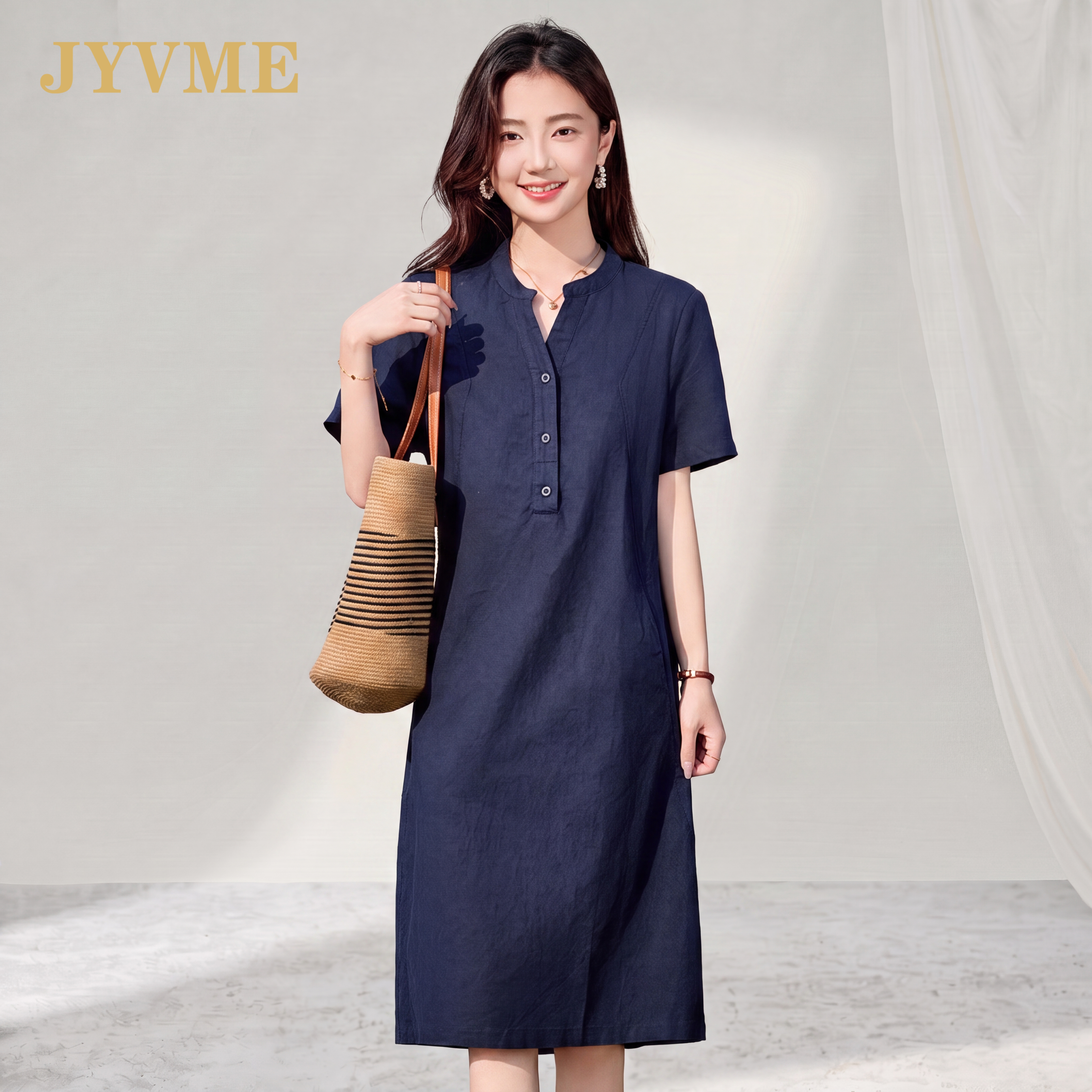 JyVme轻奢高端2026新款亚麻连衣裙女夏季v领宽松休闲中长款棉麻裙