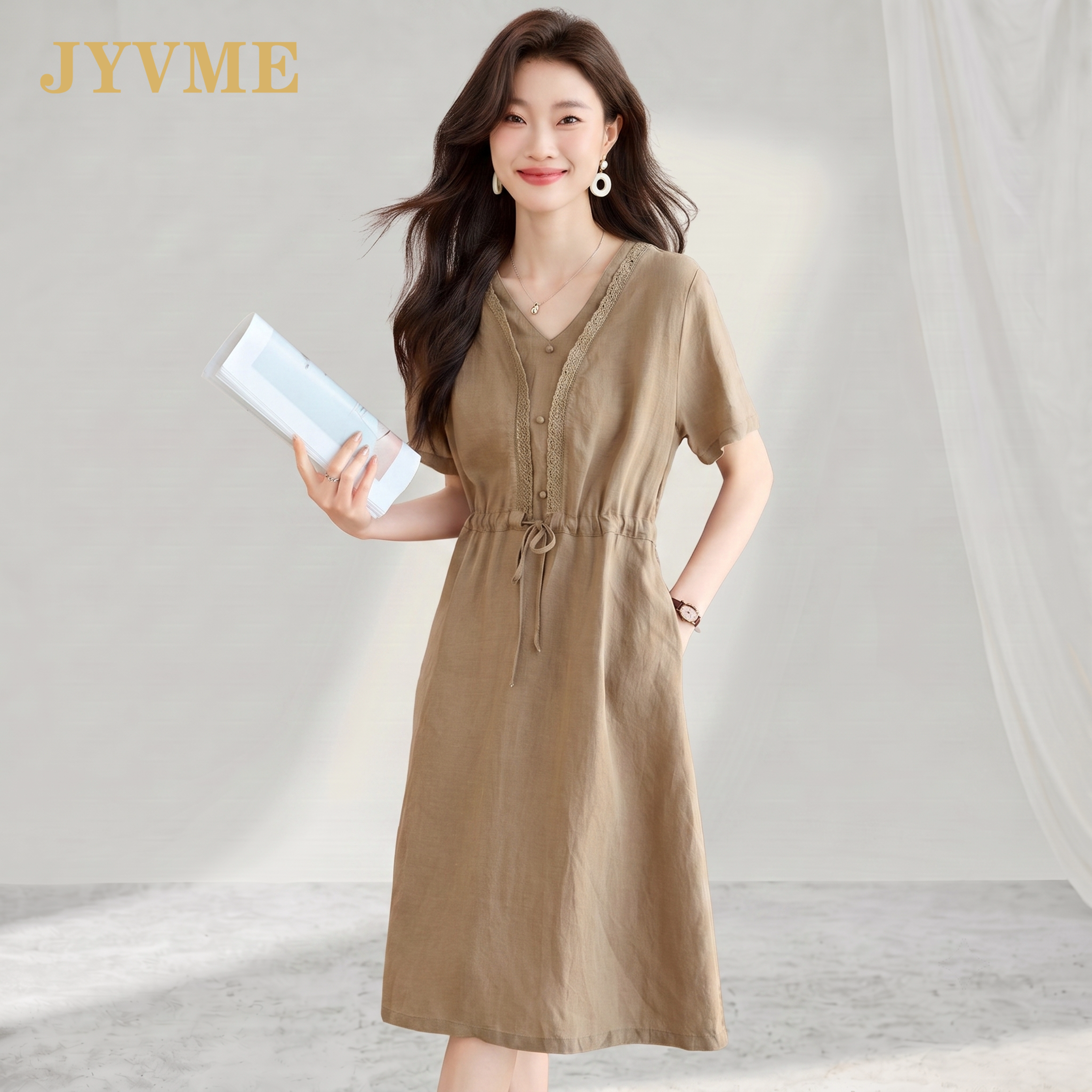 JyVme轻奢高端亚麻连衣裙女夏季2026新款V领收腰气质棉麻中长裙子