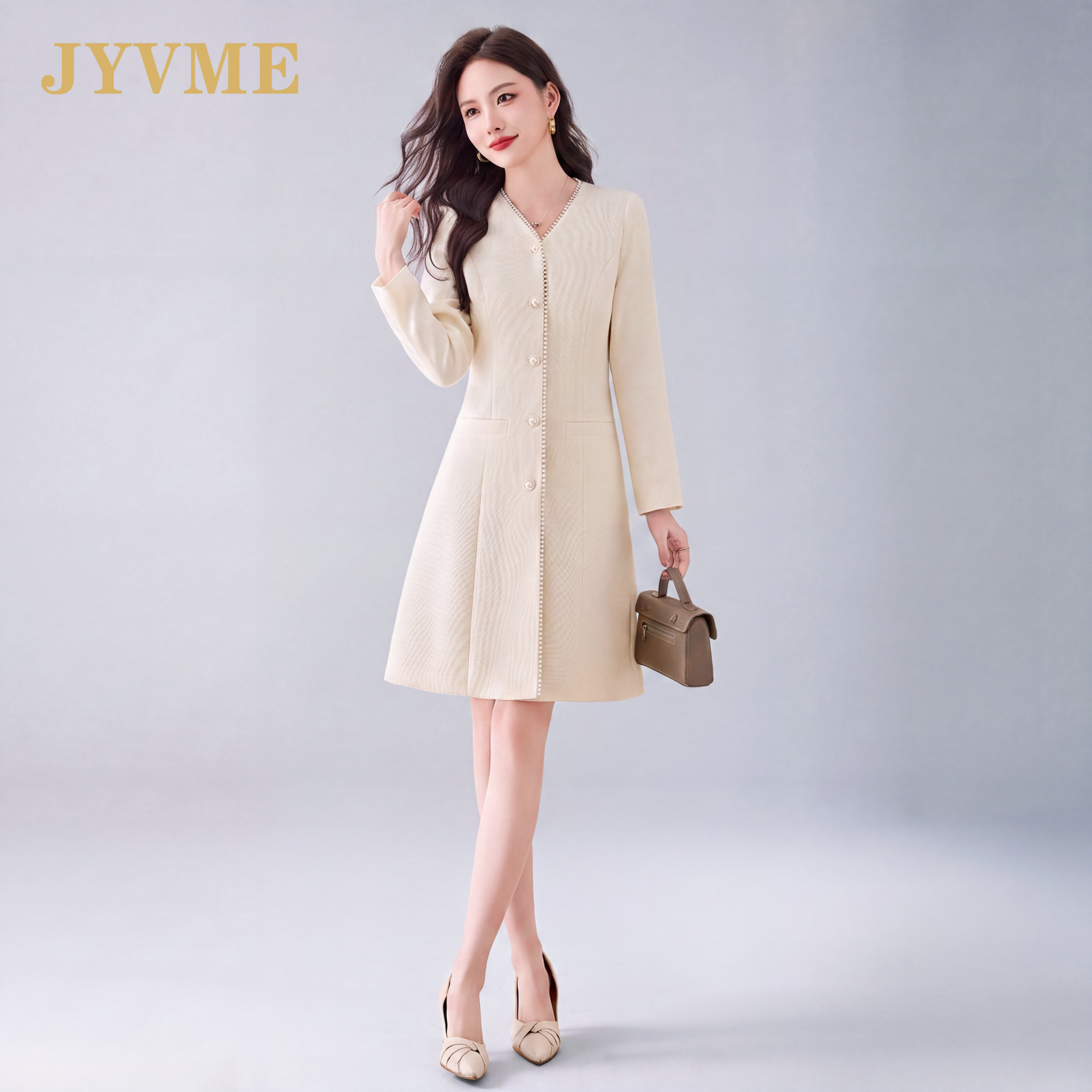 JyVme轻奢小香风V领长袖连衣裙女2026新款气质高级小个子短款裙子