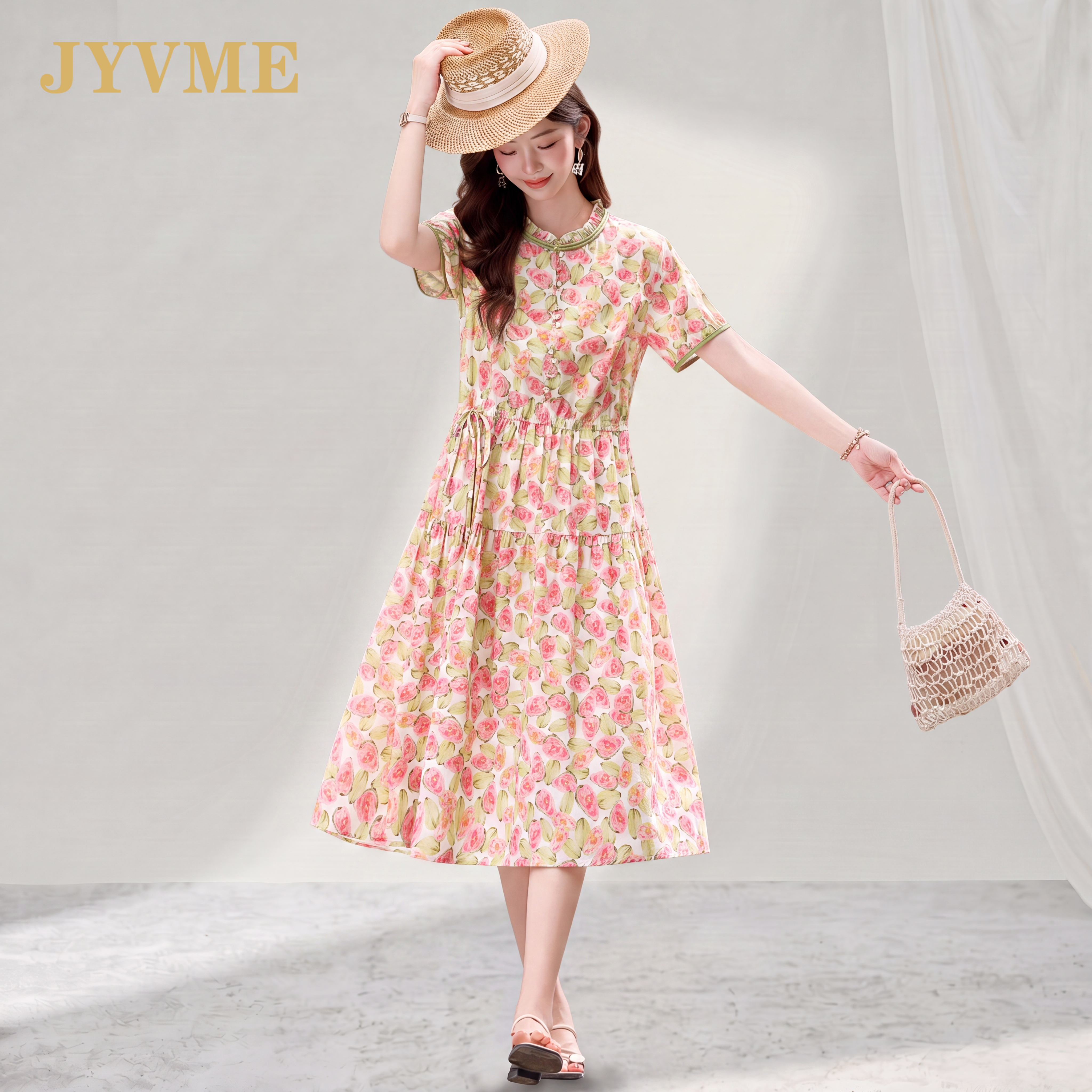 JyVme轻奢碎花连衣裙女夏2026新款休闲复古高级感荷叶边纯棉裙子
