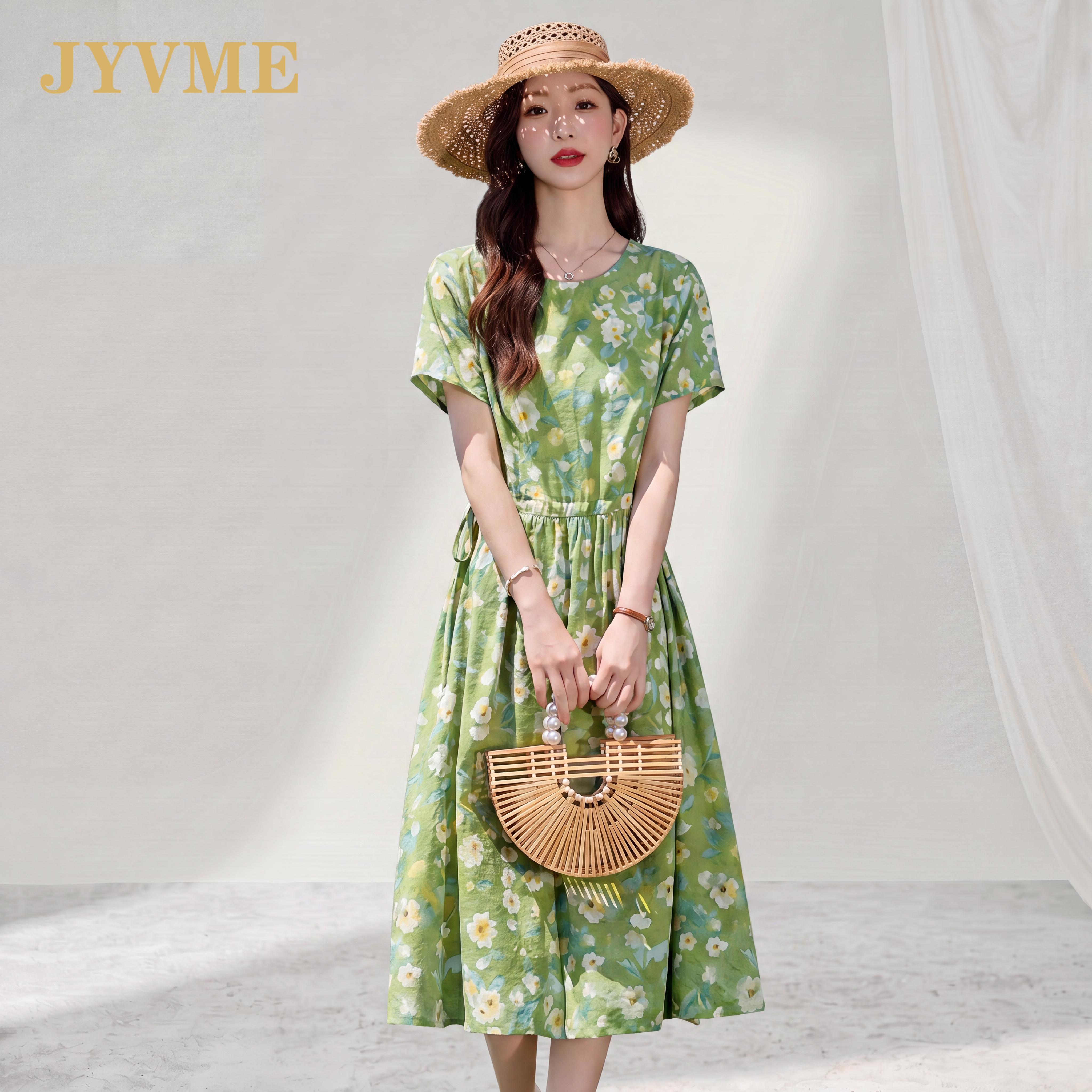 JyVme轻奢碎花连衣裙女夏季2026新款时尚棉麻休闲气质短袖中长裙