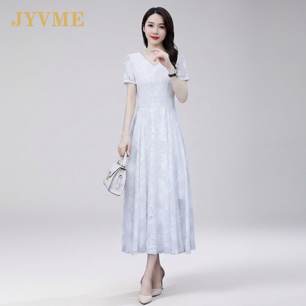 JyVme轻奢法式白色连衣裙女短袖2026夏新款收腰显瘦高级气质长裙
