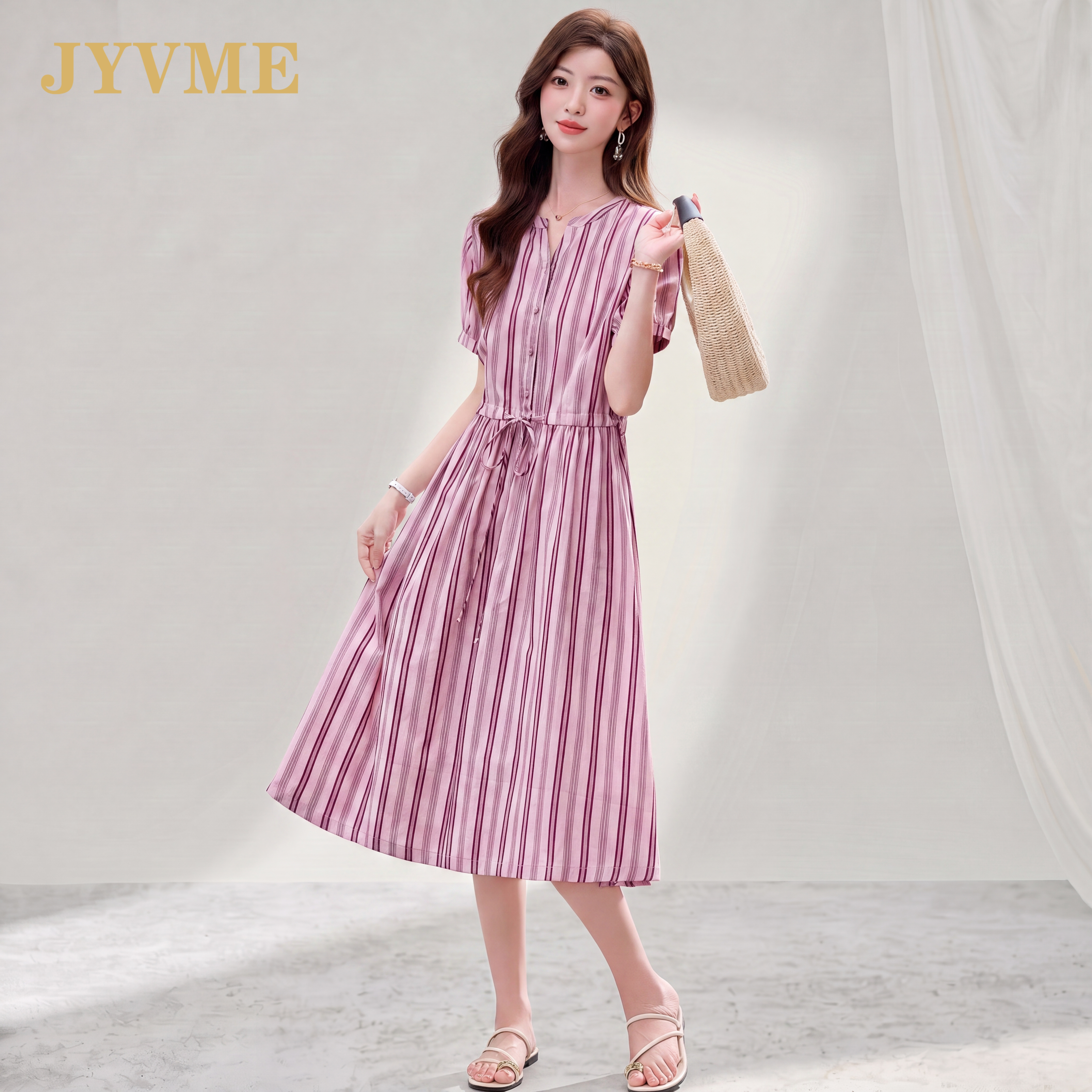 JyVme轻奢高端2026新款纯棉条纹连衣裙女v领短袖夏季中长款裙子