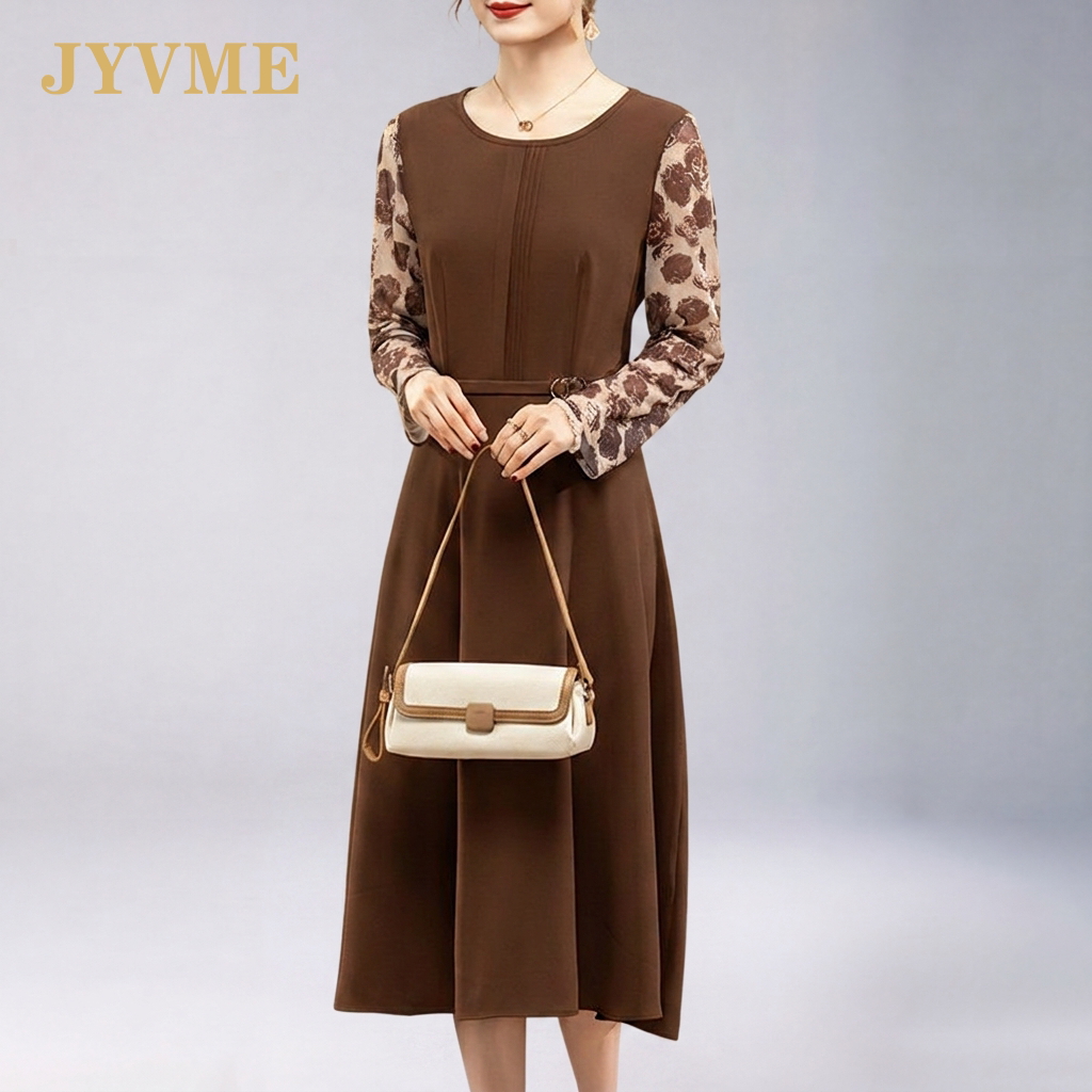 JyVme轻奢咖色圆领长袖连衣裙女2026秋季新款高端大气大码A字裙子