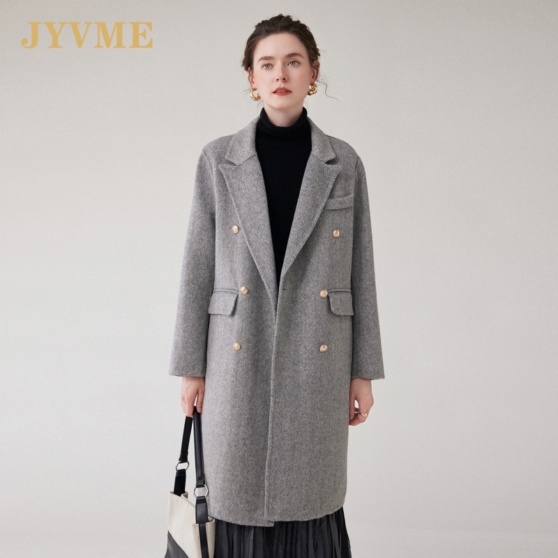 JyVme轻奢双面羊毛大衣女2026秋新款中长款时尚灰色显瘦毛呢外套